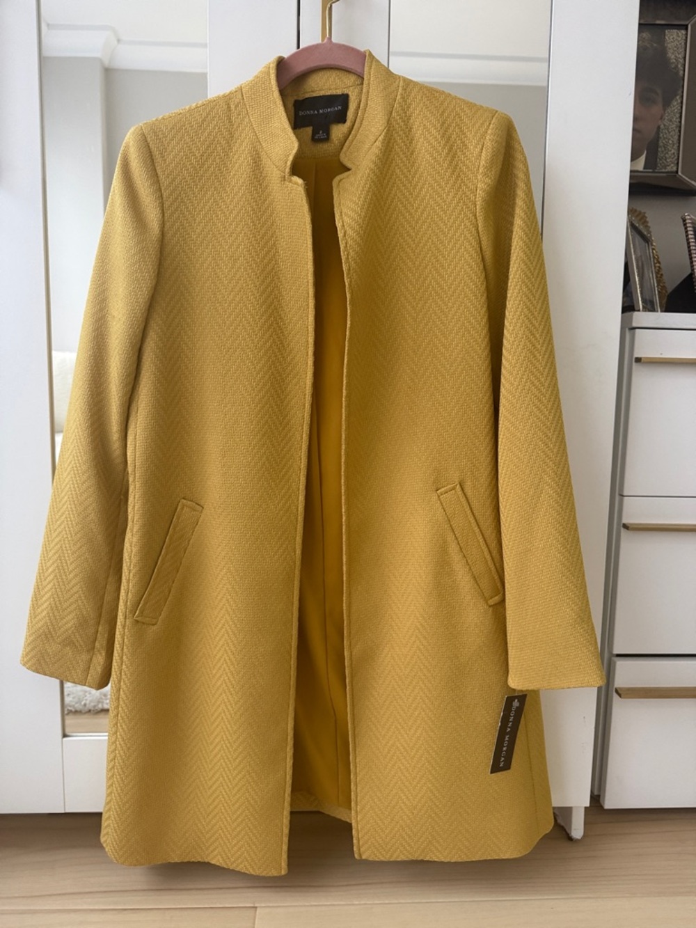 Donna Morgan Mustard Textured Collarless 3/4 length lightweight jacket